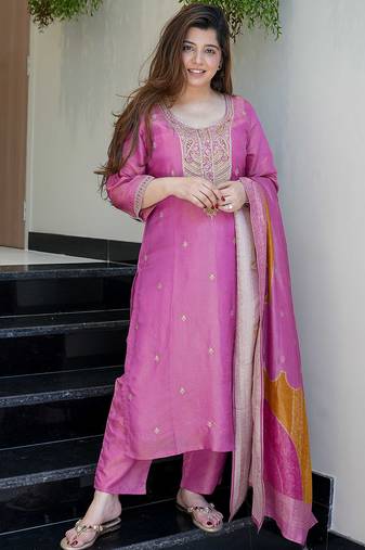 Pink viscose shimmer heavy thread embroidery work with jacquard dupatta kurta pant set
