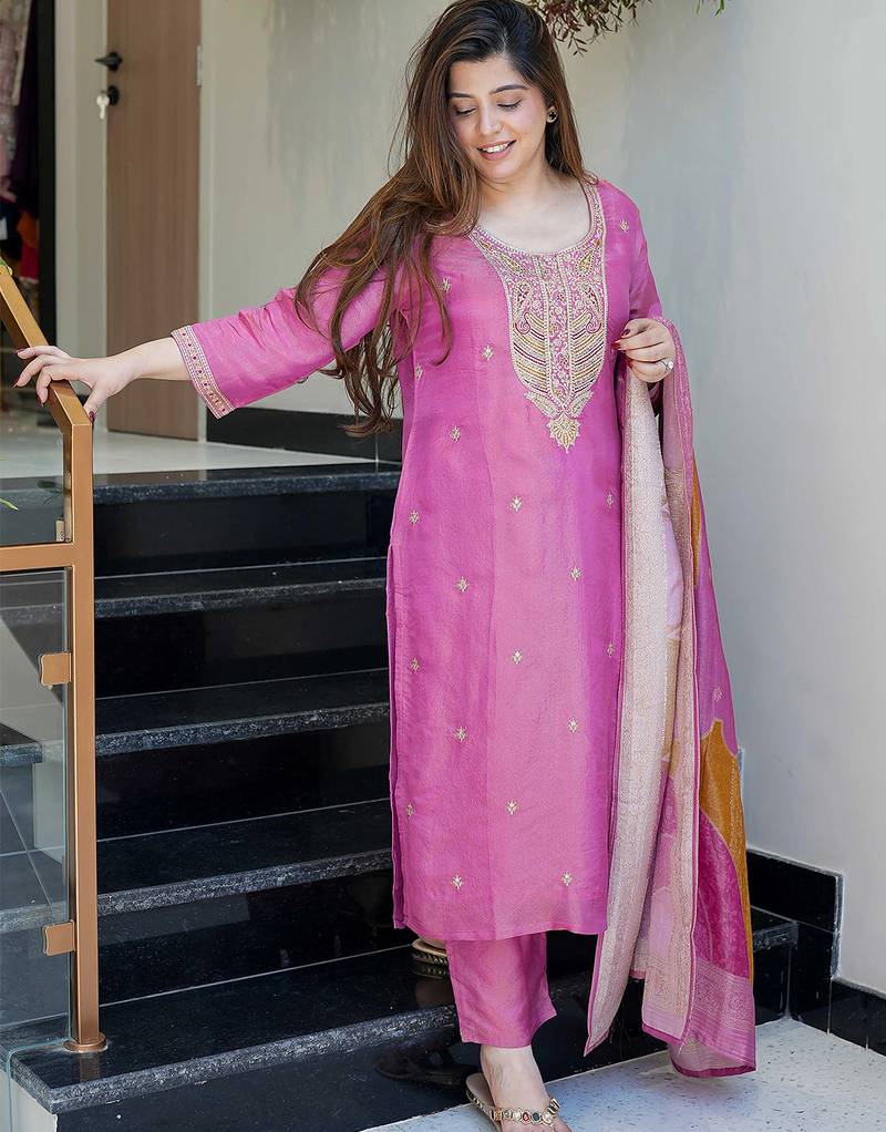 Pink viscose shimmer heavy thread embroidery work with jacquard dupatta kurta pant set