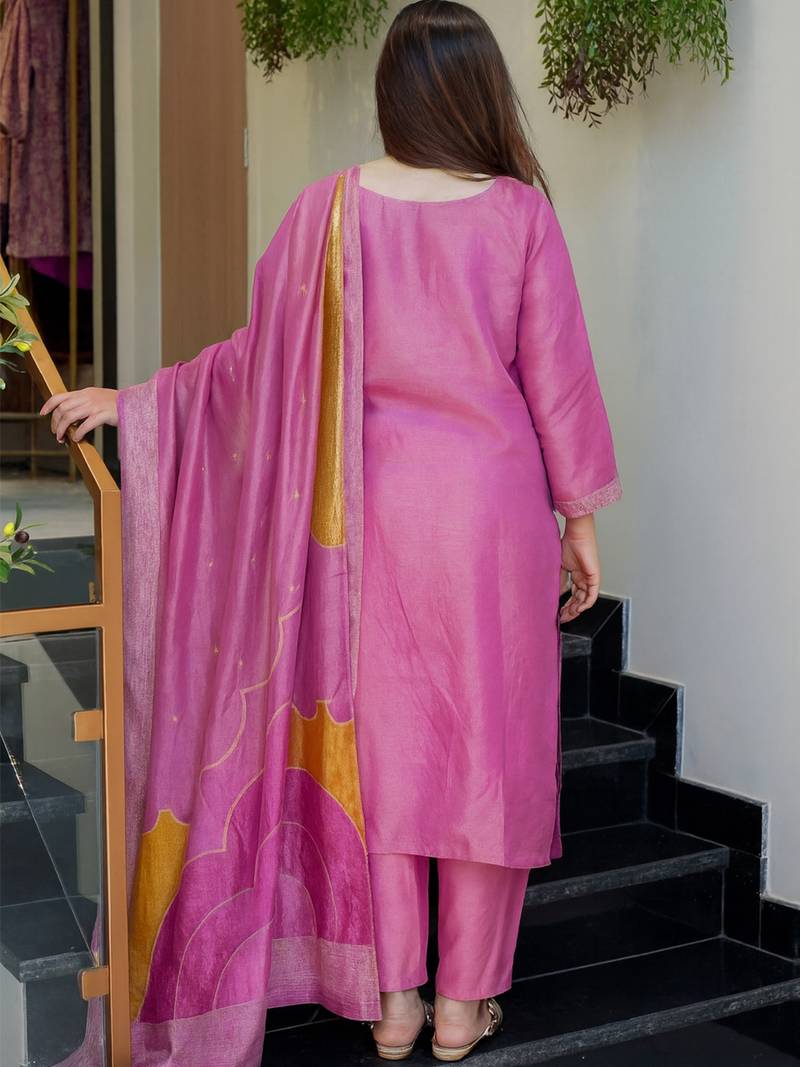 Pink viscose shimmer heavy thread embroidery work with jacquard dupatta kurta pant set