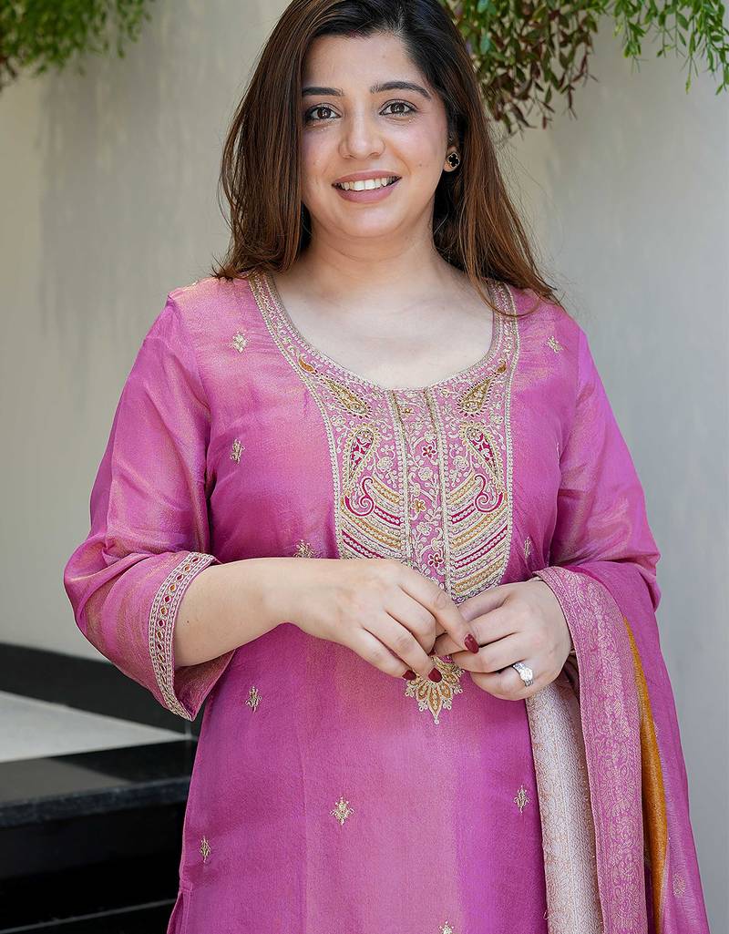 Pink viscose shimmer heavy thread embroidery work with jacquard dupatta kurta pant set