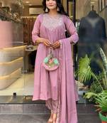 Baby pink chinon heavy thread embroidery work kurta pant set