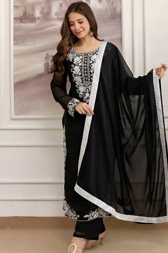 Black georgette heavy thread embroidery work kurta pant set