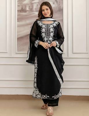 Black georgette heavy thread embroidery work kurta pant set 2