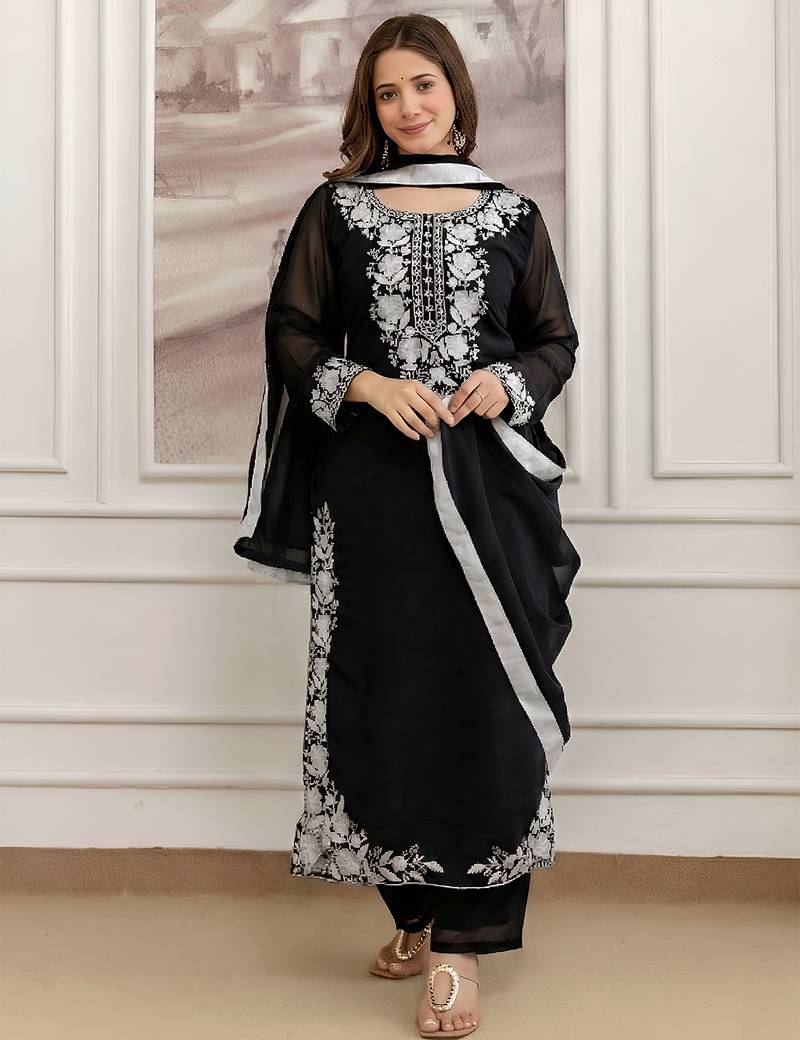 Black georgette heavy thread embroidery work kurta pant set