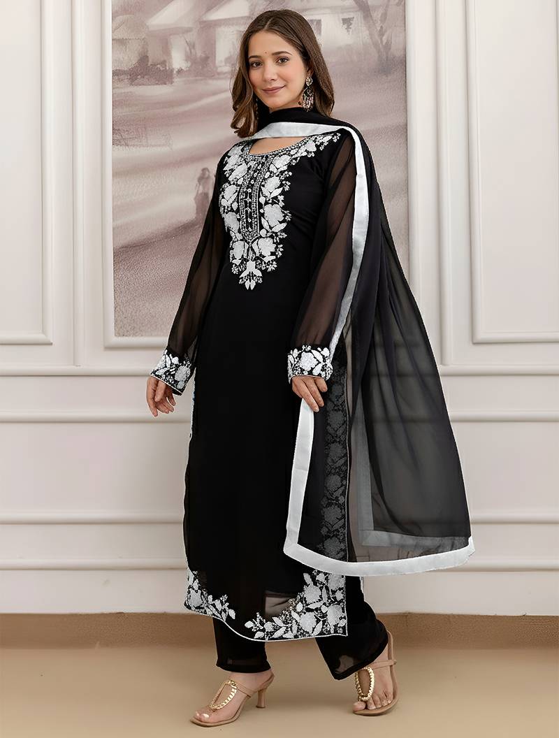 Black georgette heavy thread embroidery work kurta pant set