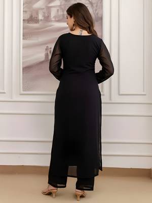 Black georgette heavy thread embroidery work kurta pant set 4