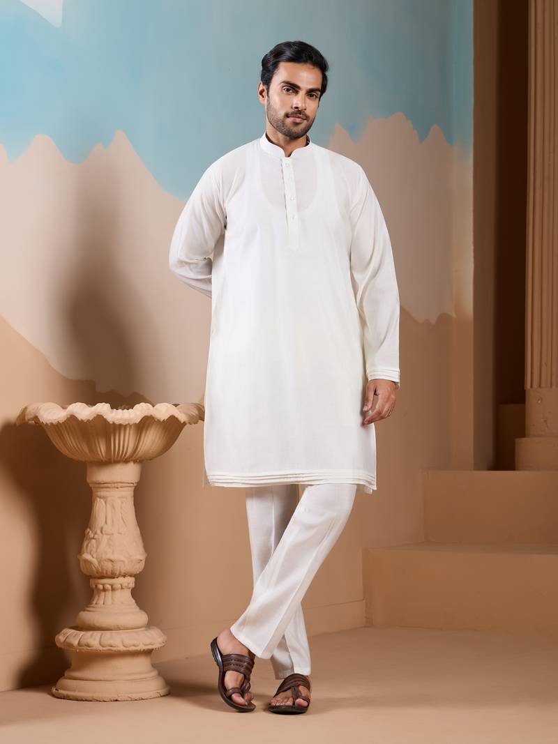White silk premium thread & sequins embroidered work wedding festival party wear straight kurta with jacke and pant