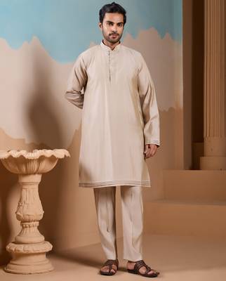 BEIGE SILK PREMIUM THREAD & SEQUINS EMBROIDERED WORK WEDDING FESTIVAL PARTY WEAR STRAIGHT KURTA WITH JACKE AND PANT 8