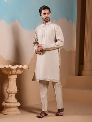 BEIGE SILK PREMIUM THREAD & SEQUINS EMBROIDERED WORK WEDDING FESTIVAL PARTY WEAR STRAIGHT KURTA WITH JACKE AND PANT 9
