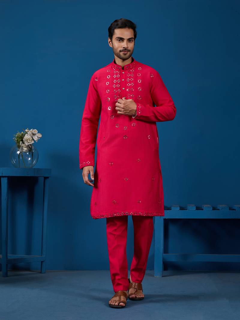 Rani viscose silk real mirror with thread embroidered work festival marriage party wear straight mens kurta with pant