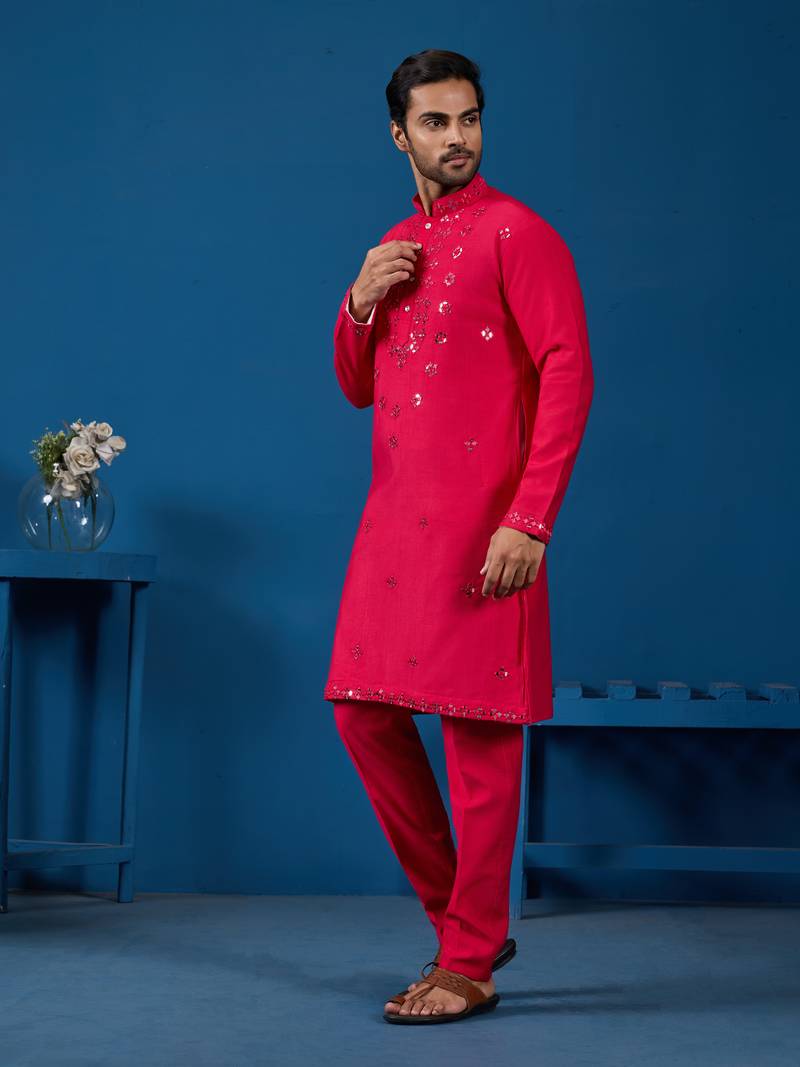 Rani viscose silk real mirror with thread embroidered work festival marriage party wear straight mens kurta with pant