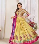 yellow patola print dola silk lehenga set with choli and dupatta with tassels