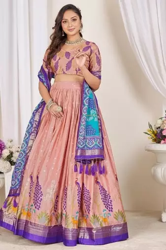 pink patola print dola silk lehenga set with choli and dupatta with tassels