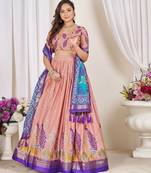 pink patola print dola silk lehenga set with choli and dupatta with tassels