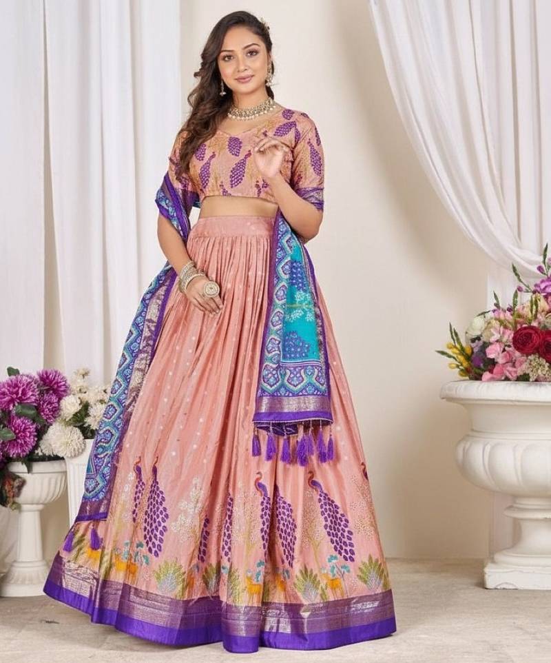 pink patola print dola silk lehenga set with choli and dupatta with tassels
