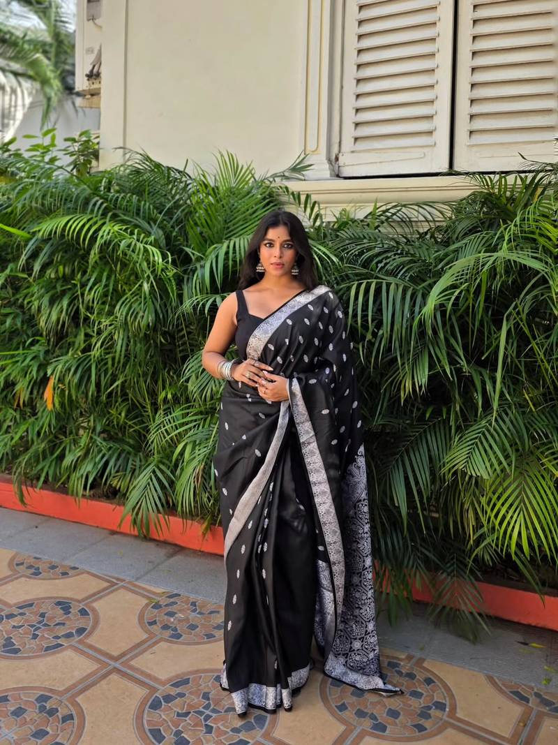 Black color ART SILK blend sarees with blouse