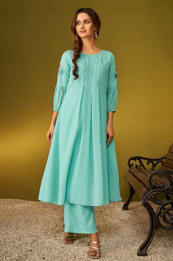 Sky blue solid & embroidered georgette kurti