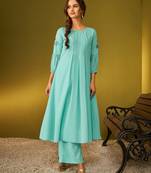 Sky blue solid & embroidered georgette kurti