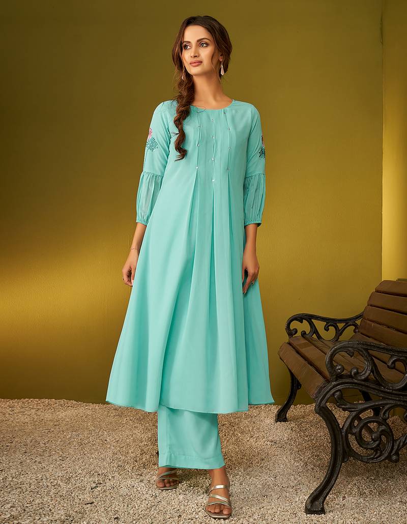 Sky blue solid & embroidered georgette kurti