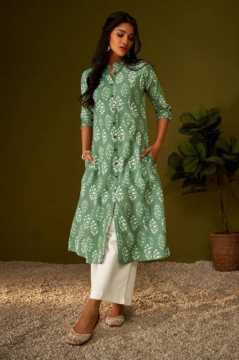 Olive green kantha print ethnic motifs cotton kurti