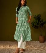 Olive green kantha print ethnic motifs cotton kurti