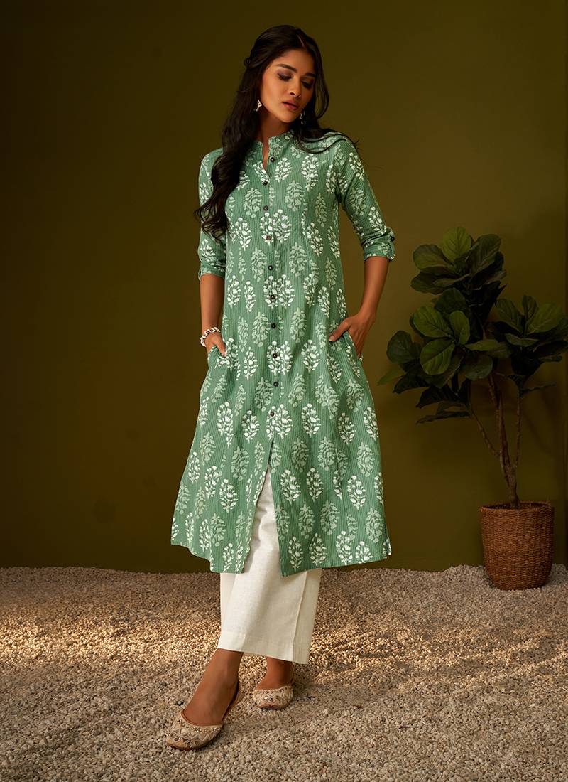 Olive green kantha print ethnic motifs cotton kurti