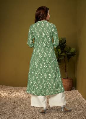 Olive green kantha print ethnic motifs cotton kurti 2