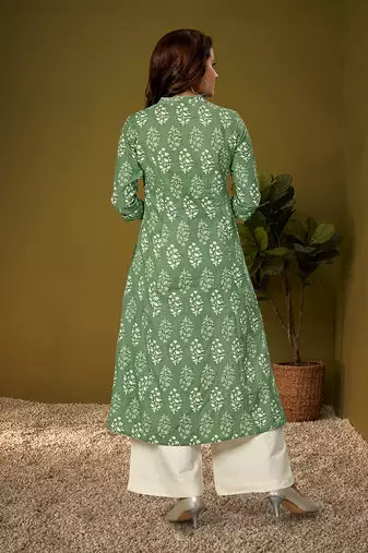 Olive green kantha print ethnic motifs cotton kurti