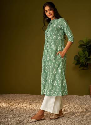 Olive green kantha print ethnic motifs cotton kurti 3