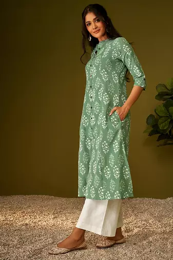 Olive green kantha print ethnic motifs cotton kurti