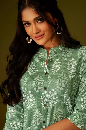 Olive green kantha print ethnic motifs cotton kurti