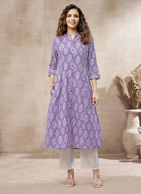 Lavender block print cotton kurti 1