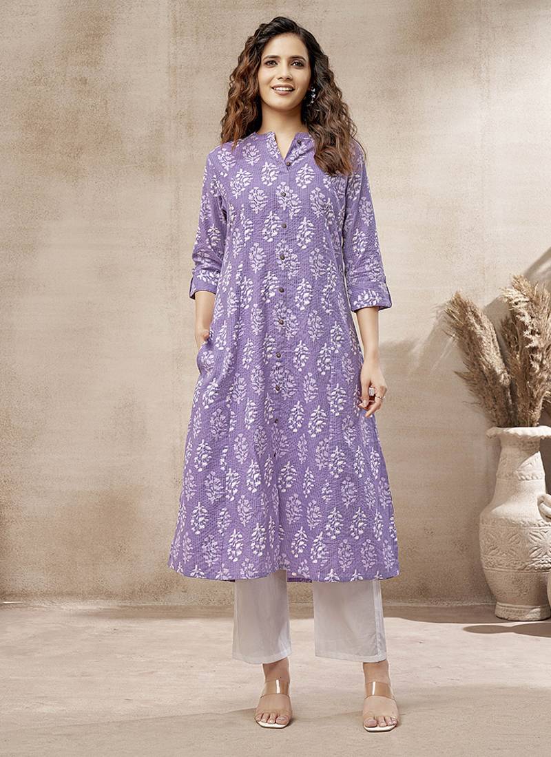 Lavender block print cotton kurti