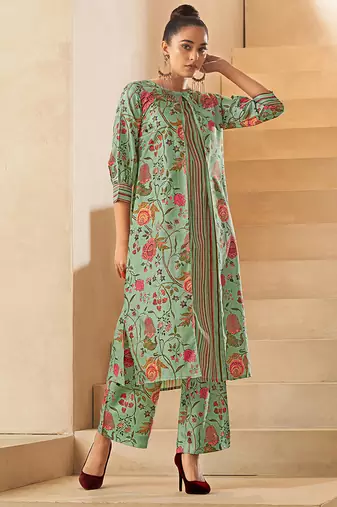 Pista green floral printed poly silk kurtin with pant 