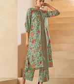 Pista green floral printed poly silk kurtin with pant 