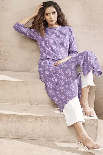 Lavender block print cotton kurti