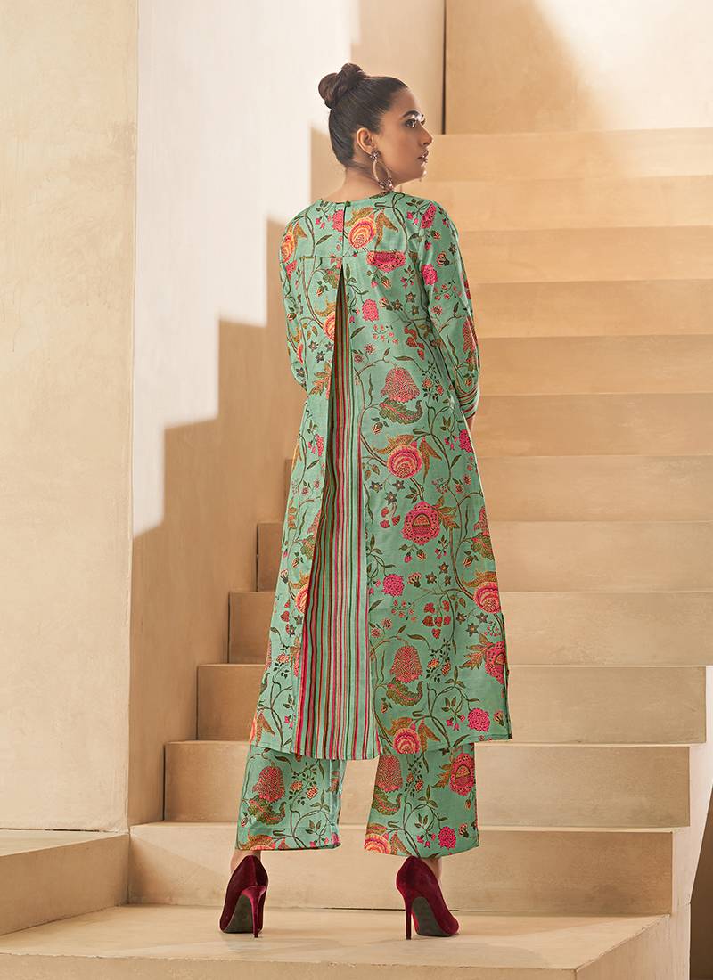 Pista green floral printed poly silk kurtin with pant 