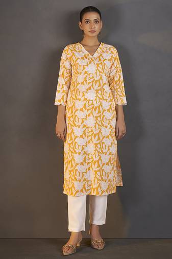 Yellow floral printed pure cotton kurti