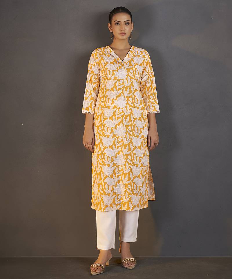 Yellow floral printed pure cotton kurti