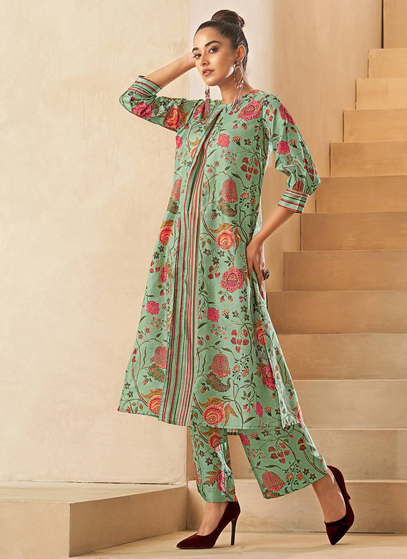 Pista green floral printed poly silk kurtin with pant 