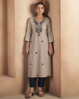 Light brown chikankari embroidered cotton blend kurti 1
