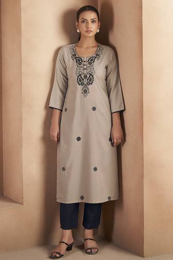 Light brown chikankari embroidered cotton blend kurti