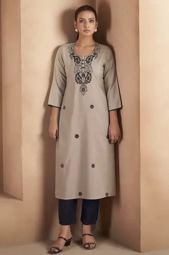 Light brown chikankari embroidered cotton blend kurti