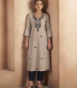Light brown chikankari embroidered cotton blend kurti
