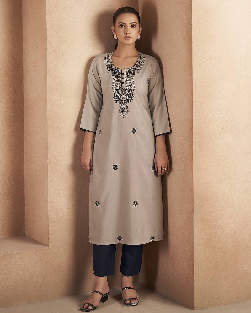Light brown chikankari embroidered cotton blend kurti