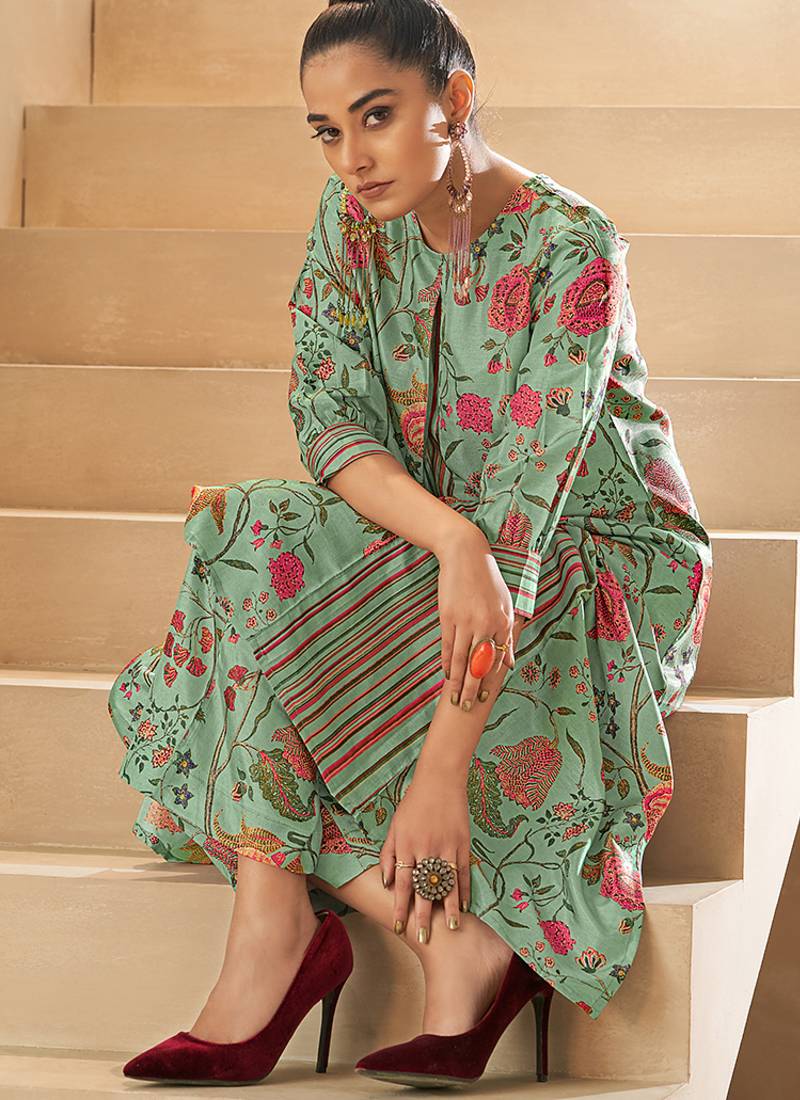 Pista green floral printed poly silk kurtin with pant 