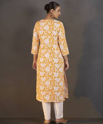 Yellow floral printed pure cotton kurti 2