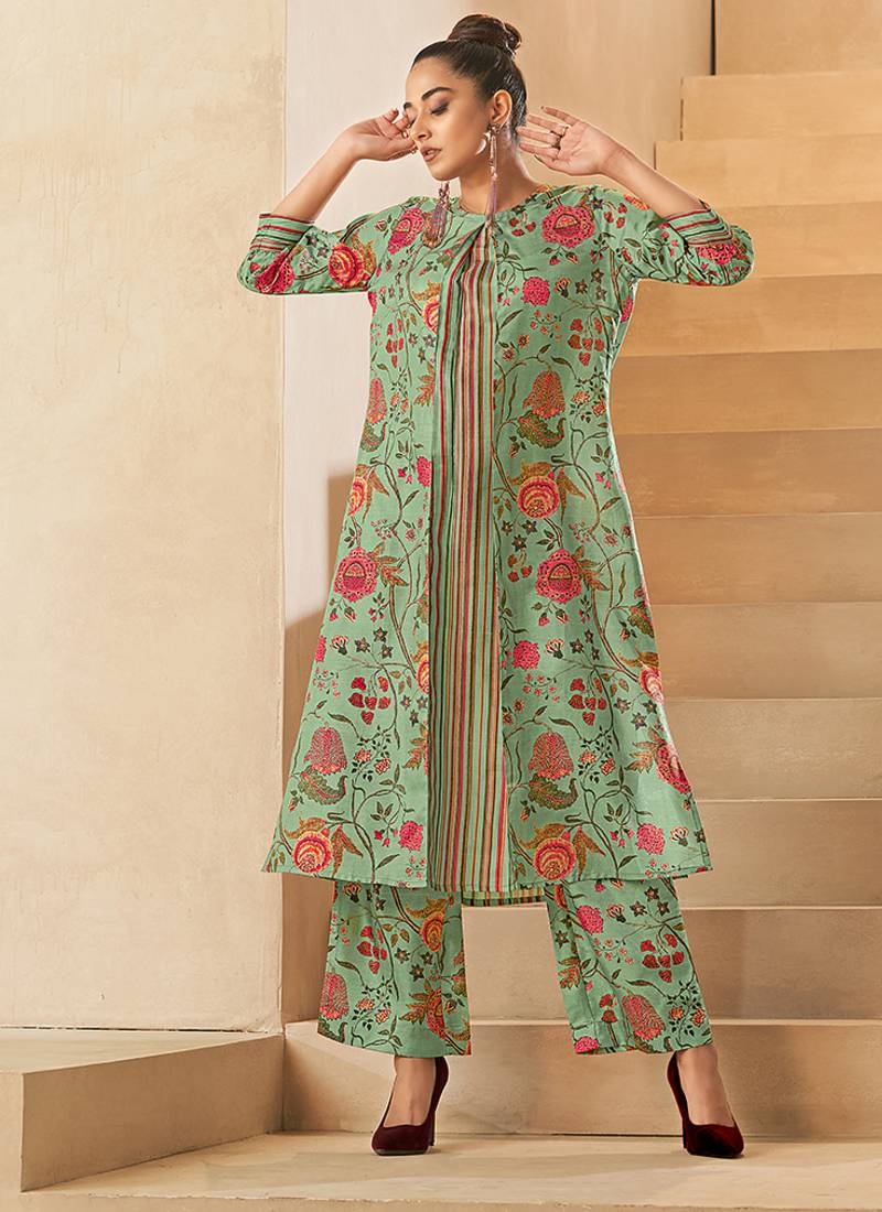 Pista green floral printed poly silk kurtin with pant 