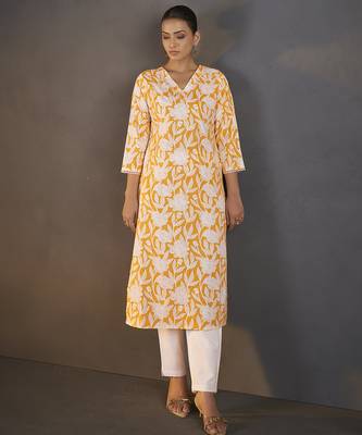 Yellow floral printed pure cotton kurti 3