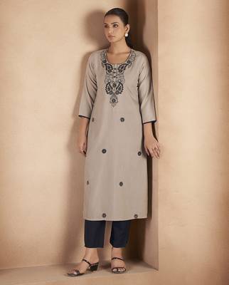 Light brown chikankari embroidered cotton blend kurti 3